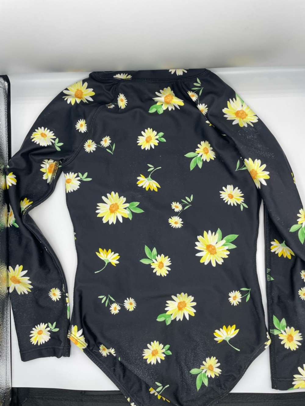 Old Navy Black Floral Long-Sleeve Bodysuit with Yellow Daisies